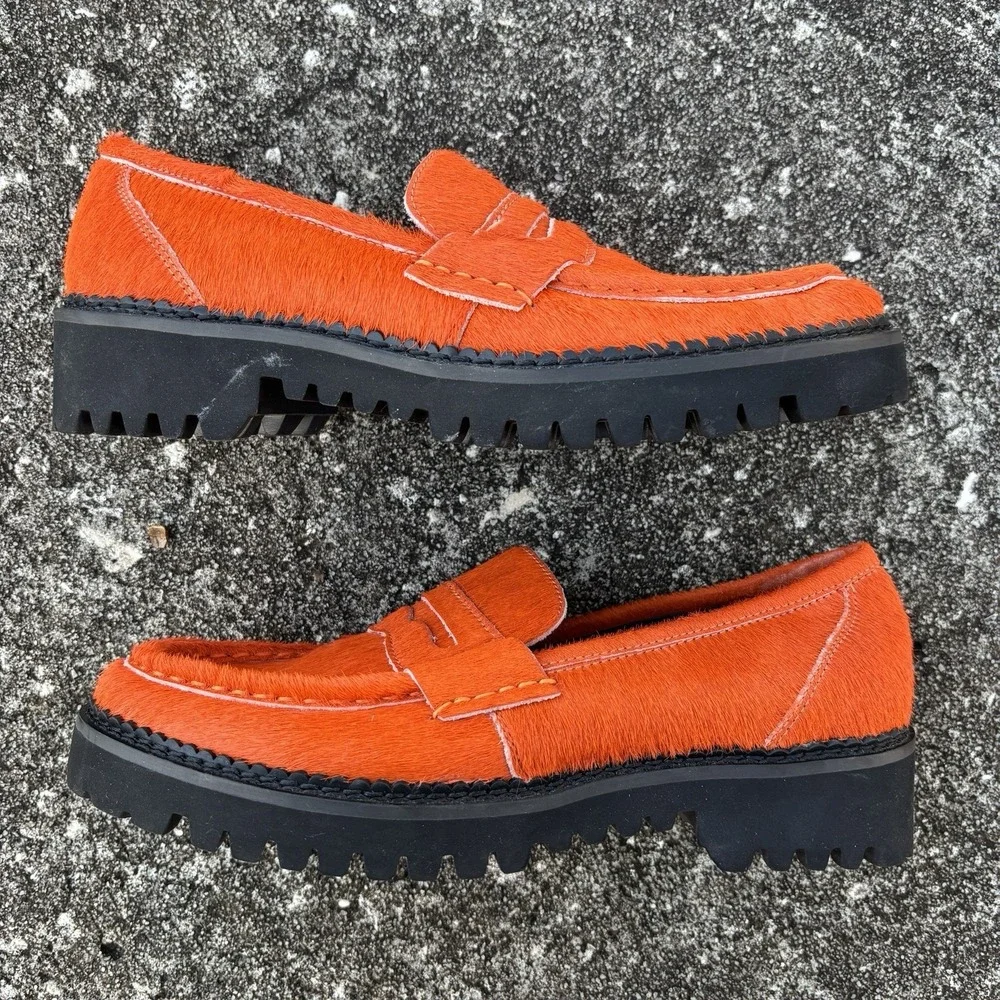 RARE!! Orange Calf Hair Chunky Penny Loafers W7 | 37 Anthropologie Bibi Lou Jaya
